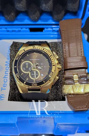 Reloj Technomarine Cruise TM-120019 en Acero Crono Esfera Azul y Correa Dorada + Manilla de cuero