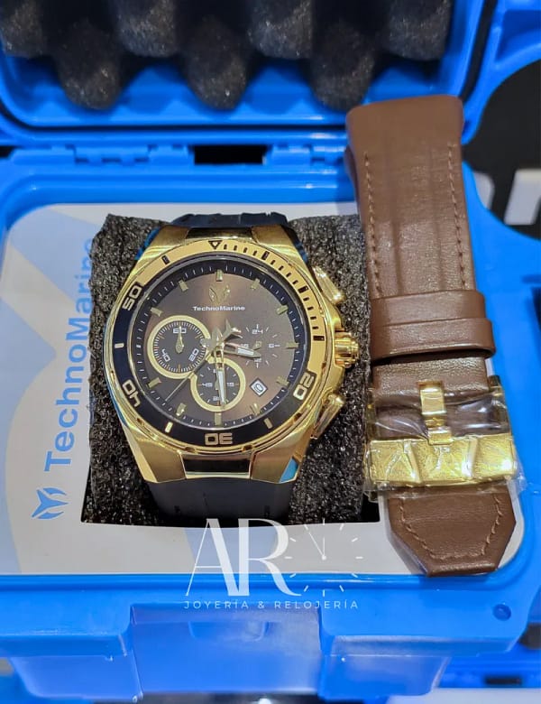 Reloj Technomarine Cruise TM-120019 en Acero Crono Esfera Azul y Correa Dorada + Manilla de cuero